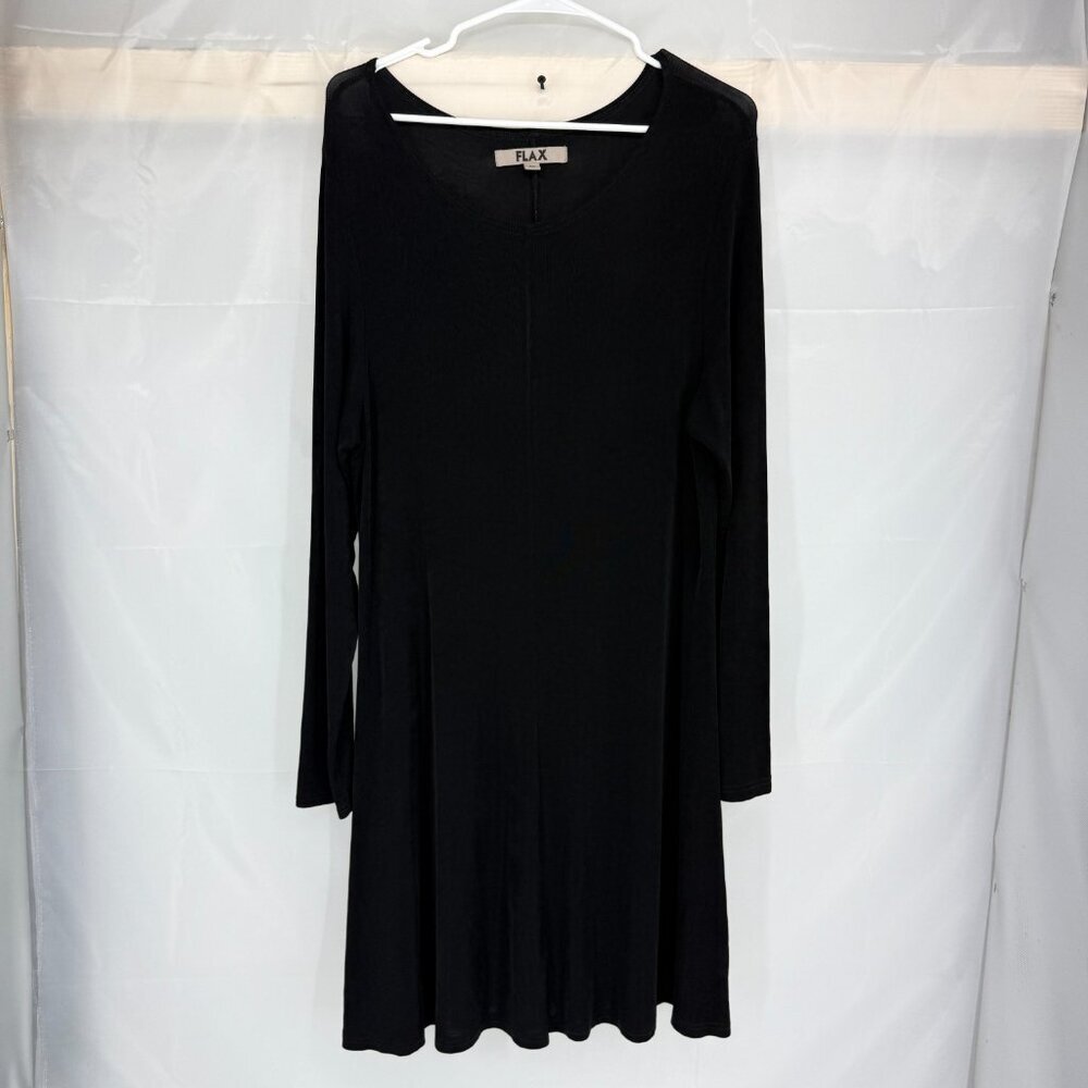 FLAX Women M Slinky Knit Midi Dress Solid Black Round Neck Stretch Long Sleeve